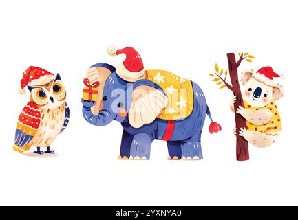 Watercolor illustration set of Christmas baby animals wearing santa hat Stock Vector