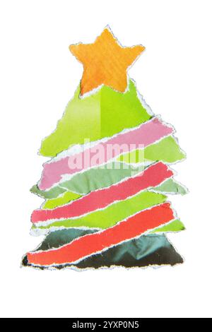Christmas tree collage art from torn magazine paper for Christmas card decoration with clipping path Stock Photo