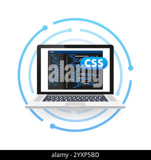 Laptop showing cascading style sheets programming code on screen Stock Vector