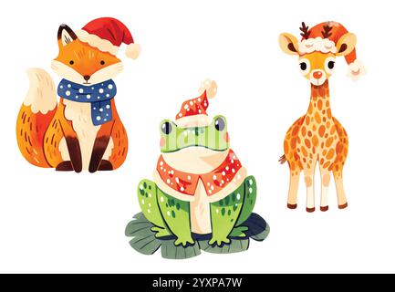 Watercolor illustration set of Christmas baby animals wearing santa hat Stock Vector