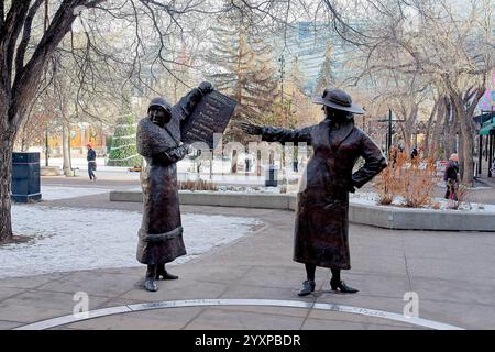 Calgary Canada - 29 December 2023 -  The Famous Five Statues in Olympic Plaza in downtown Calgary Stock Photo