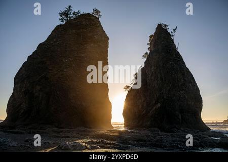 WA25971-00...WASHINGTON - Sun setting behind one of two seastacks at Hole-in-the-Wall on Rialto Beach, ONP. Stock Photo