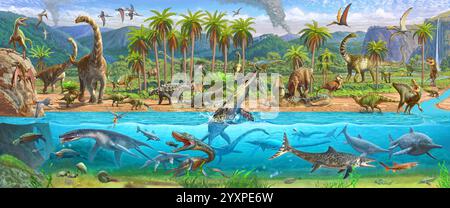 Primeval scene with dinosaurs and prehistoric aquatic reptiles. Stock Photo