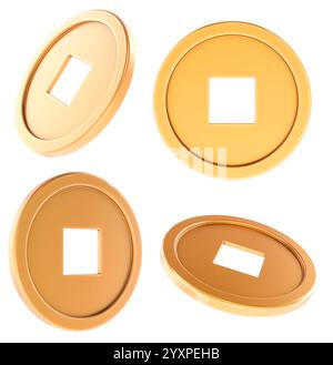 Traditional Chinese gold coin with square hole, different views. Symbol of wealth, prosperity, good luck. 3D rendering isolated on white background Stock Photo