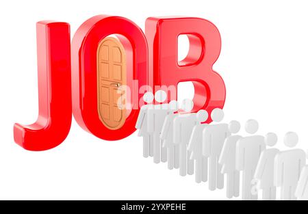 Job market, concept. Man and woman silhouettes figures waiting in the line leading to the job word with opened door. 3D illustration isolated on white Stock Photo