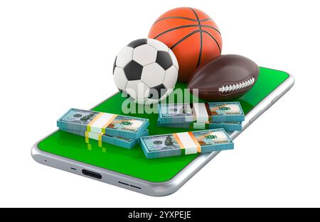 Online sport bets, betting concept. Smartphone with sport balls and money, 3D rendering isolated on white background Stock Photo