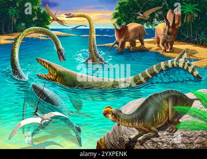 Dinosaur gather around a swimming hole during the Jurassic period. Stock Photo