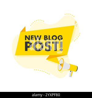 Megaphone announcing new blog post with yellow banner Stock Vector