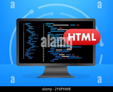 Computer monitor showing html programming code on blue background Stock Vector