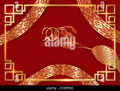 2025 Chinese New Year, Year of the Snake. Enso Circle Gold Logo design for cover, card, poster, banner. Golden China pattern border frame. Vector Stock Vector