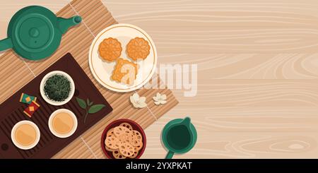Healthy Chinese green tea, tea set and traditional sweets, healthy lifestyle and cultures concept, top view Stock Vector