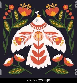 Folk Art Style Illustration of a Dove with Floral Patterns, Surrounded by Flowers and Leaves in Vibrant Red, Yellow, and Green on a Dark Background Stock Vector