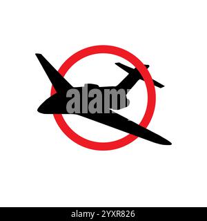 Vector black flying airplane plane silhouette in red circle isolated on white background. Coronavirus pandemic quarantine no flight permission Stock Vector