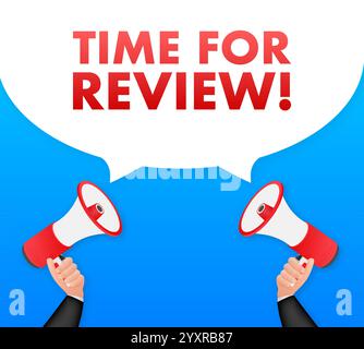 Hands holding megaphones announcing time for review Stock Vector