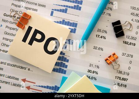 Text IPO on a notebook on the white background, business. Stock Photo