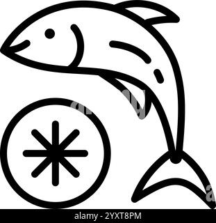 Frozen food line icon. Preserved fish. Cold salmon. Frosted organic seafood. Contour symbol. Vector isolated outline illustration. Stock Vector