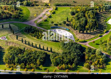 Aerial view, skate park, row of trees and gardens in Krupp Park, Westviertel, Essen, Ruhr area, North Rhine-Westphalia, Germany Stock Photo