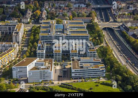 Aerial view, Messeallee industrial estate, with Hochtief AG and Brenntag International Chemicals GmbH, Rüttenscheid, Essen, Ruhr area, North Rhine-Wes Stock Photo