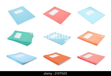 Many different notebooks on white background, set. School stationery Stock Photo