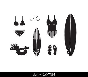 Vector set bundle of black hand drawn doodle sketch beach surf and swimming suit and accessories isolated on white background Stock Vector