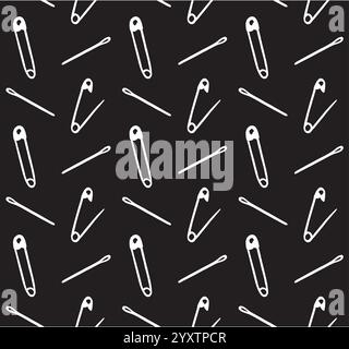 Vector seamless pattern of white hand drawn doodle sketch needles and pins isolated on black background Stock Vector