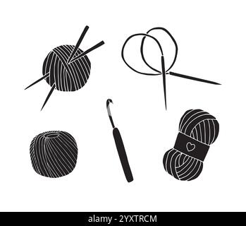 Set of knitting accessories in hand drawn doodle style. Crochet ...
