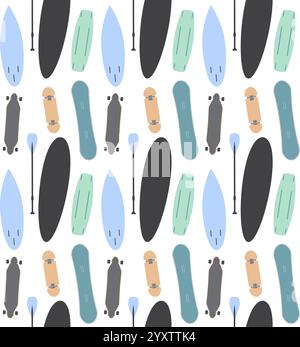 Vector seamless pattern of different flat cartoon colored skateboard snowboard longboard surf boards isolated on white background Stock Vector