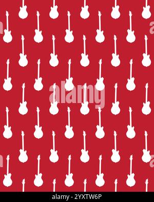 Vector seamless pattern of white bass electric guitar silhouette isolated on red background Stock Vector