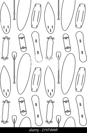 Vector seamless pattern of different flat black outline skateboard snowboard longboard surf boards isolated on white background Stock Vector