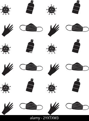 Vector seamless pattern of black hand drawn doodle sketch coronavirus pandemic things isolated on white background Stock Vector