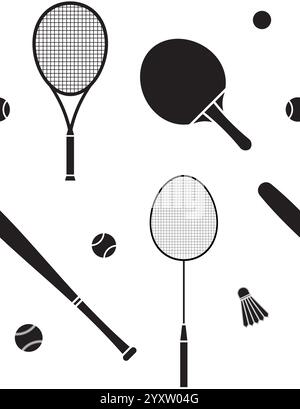 Vector seamless pattern of flat black different sport equipment isolated on white background Stock Vector