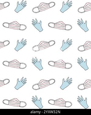 Vector seamless pattern of colored hand drawn doodle sketch medical face mask and gloves isolated on white background Stock Vector