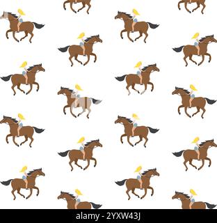 Vector seamless pattern of flat cartoon hand drawn blond girl riding brown horse bareback isolated on white background Stock Vector