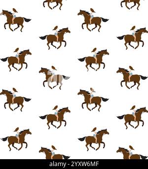 Vector seamless pattern of flat cartoon hand drawn girl riding bay horse bareback isolated on white background Stock Vector