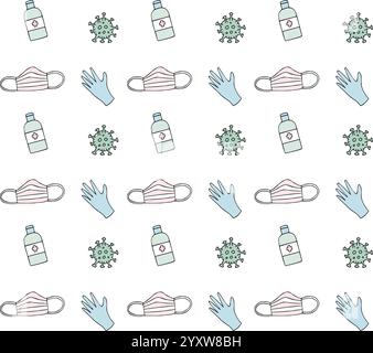 Vector seamless pattern of colored hand drawn doodle sketch coronavirus pandemic things isolated on white background Stock Vector