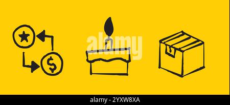 Exchanging stars for dollars, celebrating with cake and receiving a package: a simple transaction and celebration Stock Vector