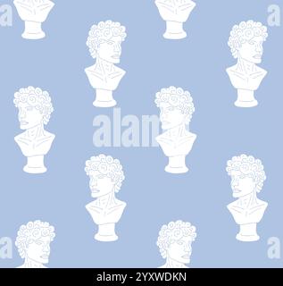 Vector seamless pattern of white hand drawn doodle sketch antique man bust statue isolated on blue background Stock Vector