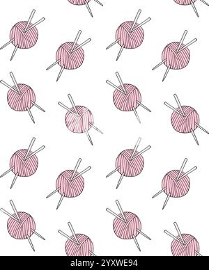 Vector seamless pattern of pink hand drawn doodle sketch knitting threads and needles isolated on white background Stock Vector