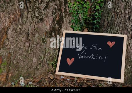 Valentine's Day message on chalkboard with red hearts against tree trunk Stock Photo