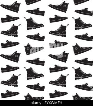 Vector seamless pattern of black different hand drawn doodle sketch shoes isolated on white background Stock Vector