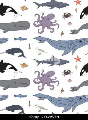 Vector seamless pattern of colored hand drawn doodle sketch sea animals and fish isolated on white background Stock Vector