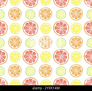 Vector seamless pattern of different hand drawn doodle sketch citrus fruit slices isolated on white background Stock Vector