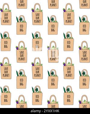 Vector seamless pattern of hand drawn doodle sketch colored eco bag with vegetables and lettering isolated on white background Stock Vector