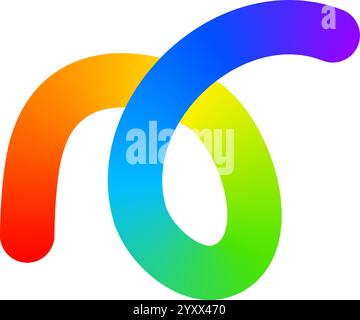 Rainbow colored curvy line isolated on white background. Cool colorful squiggle with loop in spline style. Organic doodle figure with gradient effect. Vector illustration. Stock Vector