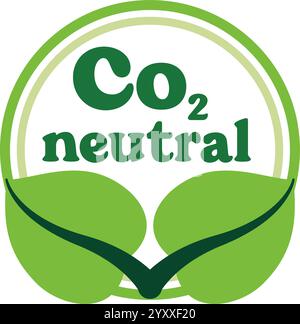 Carbon neutral label logo with two green leaf design and CO2 text inside a circular badge. Stock Vector