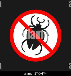 No insect sign. Anti bug poster. Silhouette of bedbug in red forbidding circle insecticide emblem. Symbol stop beetle pest control. Simple humor bug graphic icon vector isolated illustration Stock Vector