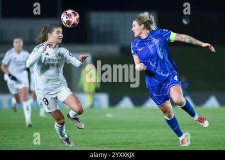 Madrid, Spain. 17th Dec, 2024. Real Madrid's Signe Bruun (L) vies with Chelsea's Millie Bright during the UEFA Women's Champions League match between Real Madrid and Chelsea, in Madrid, Spain, Dec. 17, 2024. Credit: Gustavo Valiente/Xinhua/Alamy Live News Stock Photo