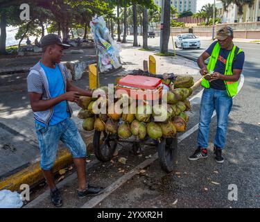 Vendor selling fresh coconut on the street from a mobile cart. Photographed in Santo Domingo, Dominican Republic. Stock Photo