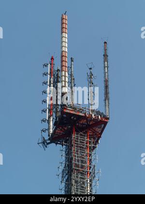 Close up of antennas on a large communications tower, Montreal,Quebec,Canada Stock Photo