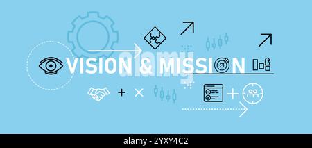 Vision and Mission concept work conceptual idea of company leader teamwork management design web header icon outline set Stock Vector
